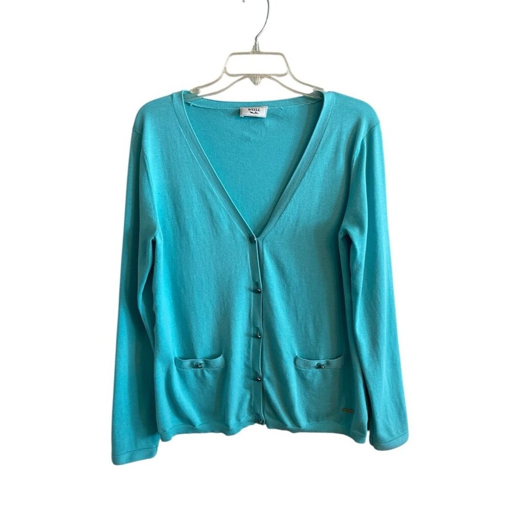 Weill Paris Aqua Blue Cardigan Sweater Silk Blend SZ 12 Button Front Pockets